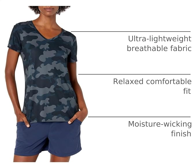 Amazon Essentials Women's Active Quick Dry Tech Stretch Short-Sleeve V-Neck T-Shirt (Available in Plus Size), Pack of 2