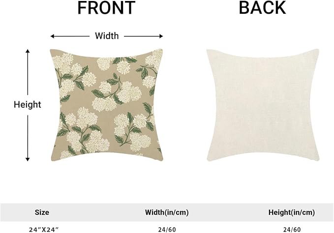 AEIOAE Spring Pillow Covers 24x24 Inch Set of 2, Beige Green Hydrangea Flower Throw Pillows Case,Floral Summer Outdoor Seasonal Decorative Farmhouse Decor Cushion Covers for Home Sofa Bed Couch