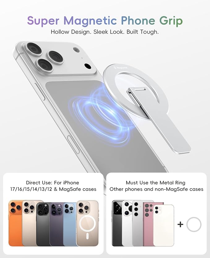 Magnetic Phone Stand Grip, 3-in-1 for MagSafe Phone Holder & Kickstand, Durable Silver Aluminum Grip, Ultra-Slim 2mm, 360�� Rotation, Detachable for MagSafe Charging, Works with iPhone 17���12