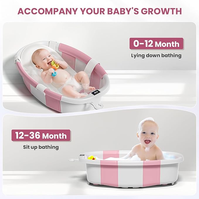 Collapsible Baby Bathtub, Baby Tubs for Newborns with Soft Cushion & Thermometer & Toy Organizer Mesh Bag, Infant Bathtub to Toddler 0-36 Months, Portable Travel Newborn Baby tubs