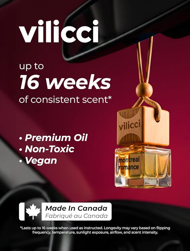 Vilicci Car Air Freshener | Luxurious Auto Perfume | Premium Hanging Air Freshener | Long Lasting Fragrance for Auto and Home | 1 Bottle of Car Scent (1 Count (Pack of 1), Montreal Romance)