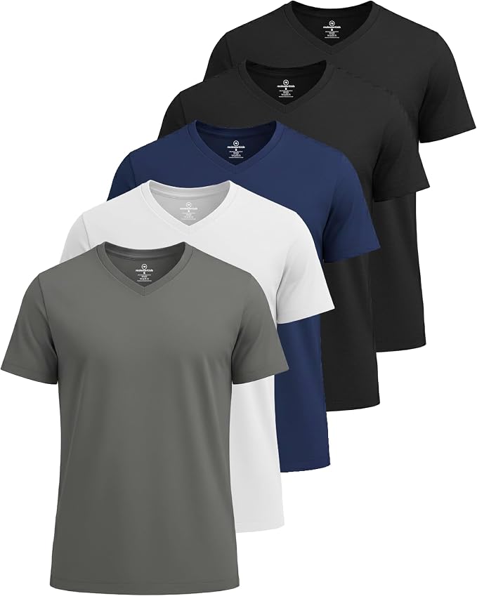 5 Pack Men's Dry Fit V Neck Gym Workout T Shirts Athletic Moisture Wicking | Cooling, Quick Dry, Breathable, Short Sleeve, Exercise, Cycling, Sports, Outdoor, Fitness, Golf, Crossfit, Hiking, Tennis