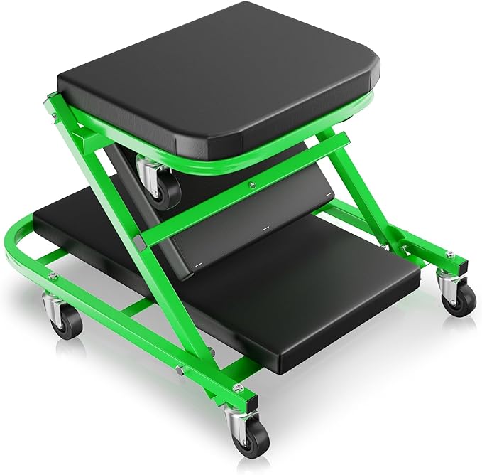 Auto Dynasty 40" Z-Creeper Seat, 2-in-1 Foldable Garage Creeper Shop Seat, 330 LBS Capacity Automotive Mechanic Repair Under Car Rolling Creeper Seat, Green