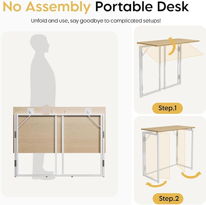 alawooder 39.4" Folding Desk: No Assembly, Wood Top for Small Spaces | 39.4 in dual-monitor workspace, holds 150 lbs, folds flat to 2.3 in, splash-proof top, home office or gaming