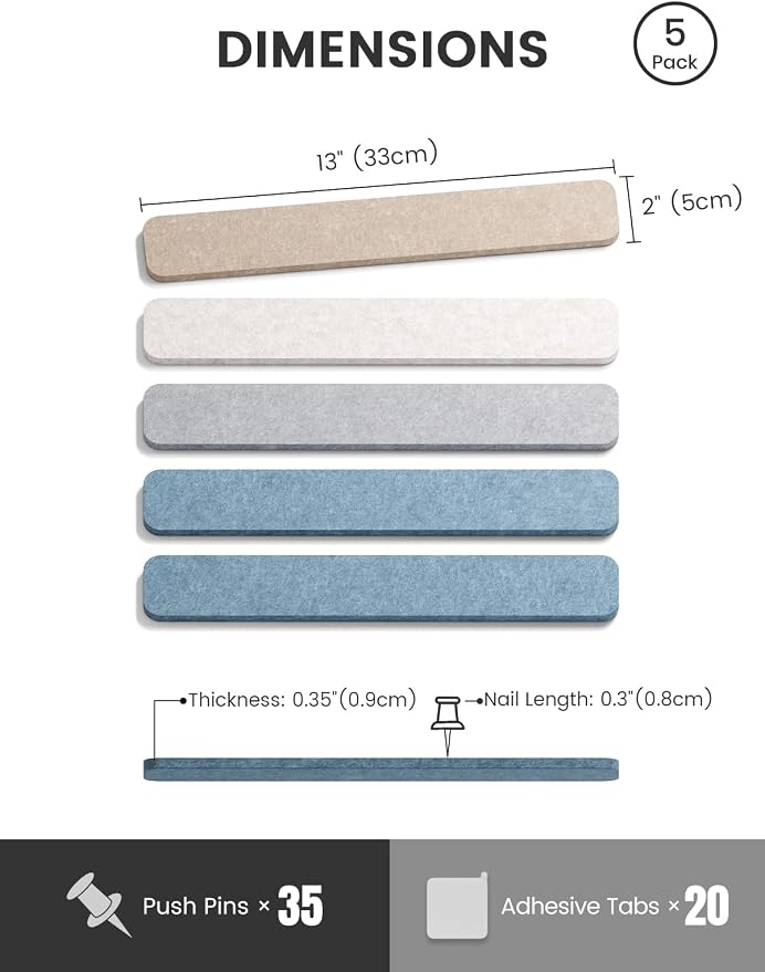 Fluxynara 13" x 2" Felt Wall Panels, Coastal | 5-Pack Cork Board Alternative with 35 Push Pins, Adhesive Mounting for Bedroom Door or Home Office