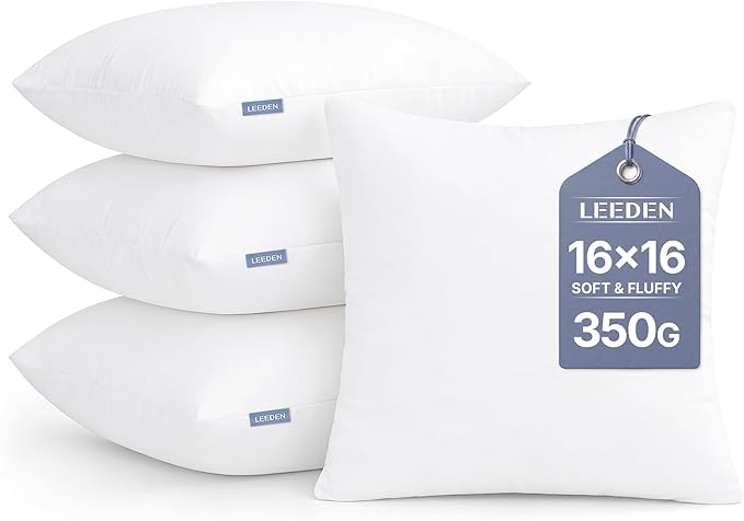Leeden 16x16 Pillow Inserts Pack of 4, 16 Inch Throw Pillow Inserts, Soft Fluffy Decorative Square Throw Pillows for Couch, Sofa, Bed, and Home Decor White Pillows
