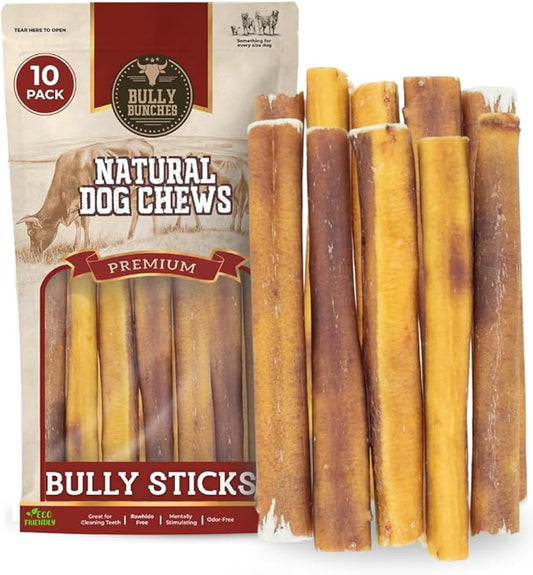 Bully Bunches Premium 6 Inch Thick Odor-Free Bully Sticks for Small & Medium Dogs - Consistently Sized, Long Lasting Chews for Oral Care- All Natural & Single Ingredient, 100% Beef Dog Treat (10 Pk)