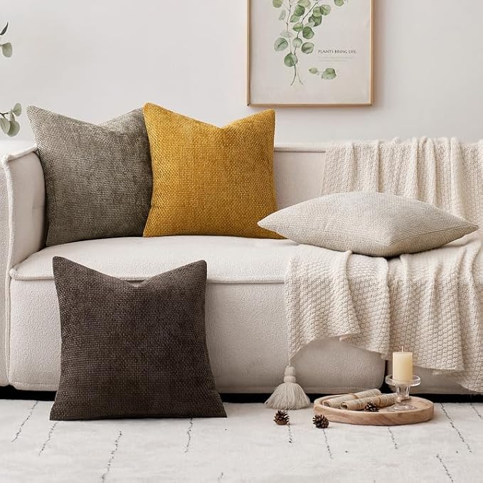 MIULEE Pack of 4 Couch Throw Pillow Covers 18x18 Inch Neutral Gold/Brown Soft Decorative Chenille Pillow Covers Farmhouse Accent Cushion Covers for Boho Fall Home Decor Sofa Bedroom Living Room