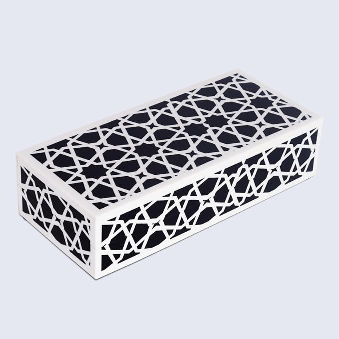 Handicrafts Home Decorative Storage Box with Lid, Black and White Moroccan Zellij Box, Coffee Table Remote Organizer, Geometric Keepsake Box for Living Room, Shelf & Hallway Decor, Zellij 10x4.5x2.5