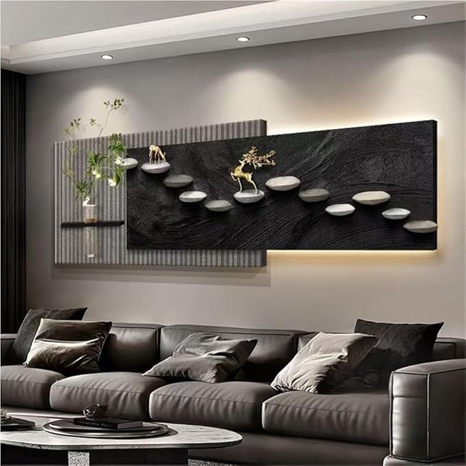 3D Sandstone Texture LED Wall Art with Vase, Plug-in Auspicious Modern Meditation Wall Hanging Sculpture, Minimalism Artwork Decor for Living Room Bedroom Meditation Space(B,100x33cm)