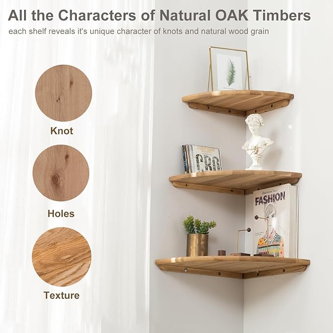 Corner Shelves, Floating Corner Shelf, Set of 3 Solid Oak Wood Corner Wall Shelves, Round End with Wire Hole Shelving for Small Plant for Bedroom Kitchen, Living Room (Size 9/10/12in)