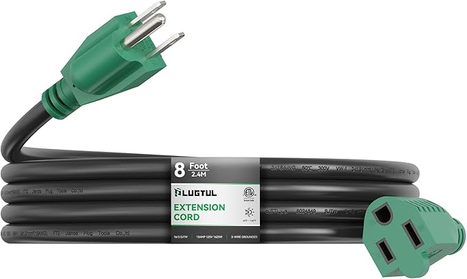 PLUGTUL 8 FT Extension Cord Waterproof, 16/3 Black Heavy Duty 3 Prong Extension Cord, 13A 1625W SJTW, ETL Listed, Great for Garden and Home