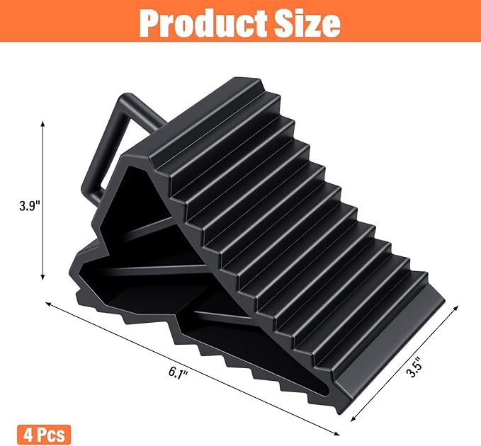 4 Pack Wheel Chocks for RV Trailers & Camper, Heavy Duty Non-Slip Tire Stoppers with Handle for Car, Truck, Travel Trailer - Black