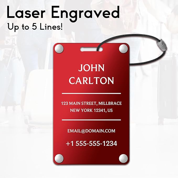 Personalized Luggage Tags for Suitcases - Aluminum Custom Luggage Tags for Backpacks & Bags, Sturdy, Waterproof & Heavy Duty (Red/Card-Sized) (SleekBarRed)