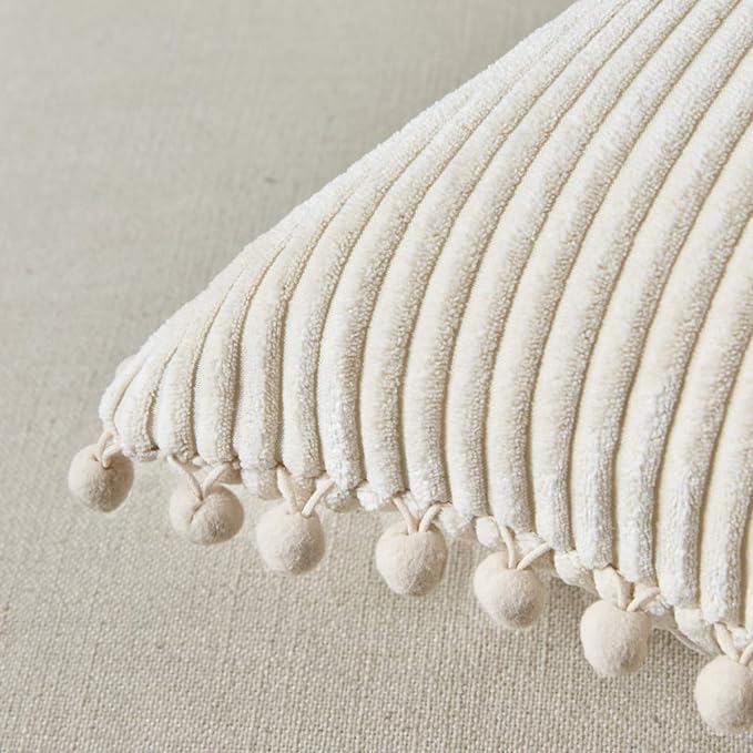 Fancy Homi 2 Pack Cream Lumbar Decorative Throw Pillow Covers 12x24 Inch with Pom-poms for Couch Bedroom Sofa, Farmhouse Boho Home Decor, Soft Corduroy Solid Rectangle Cushion Case 30x60 cm