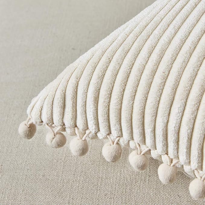 Fancy Homi Pack of 2 Boho Rectangle Decorative Throw Pillow Covers with Pom-poms, Soft Corduroy Accent Solid Cushion Case Set for Couch Sofa Bedroom Car Living Room (14x24 Inch/35x60 cm, Cream)