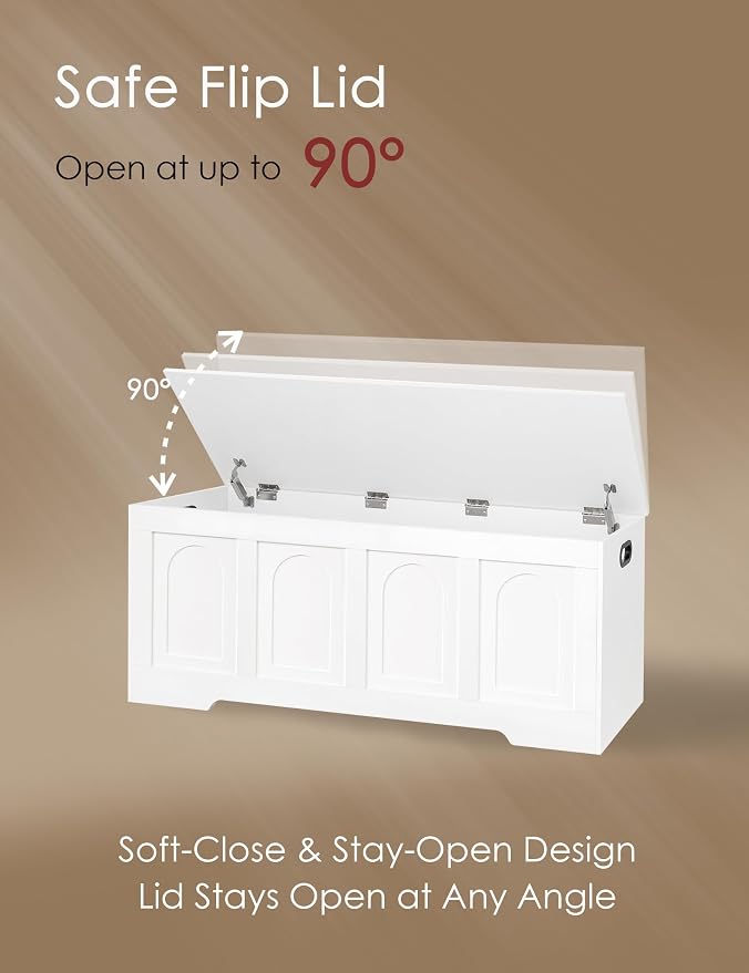 Storage Chest, Wooden Toy Box, White 50.0" L | Extra Large Storage Bench, 2 Soft-close Hinges, Finger-safe Flip-Top Lid, Easy Assembly, Farmhouse Trunk, Living Room/Bedroom