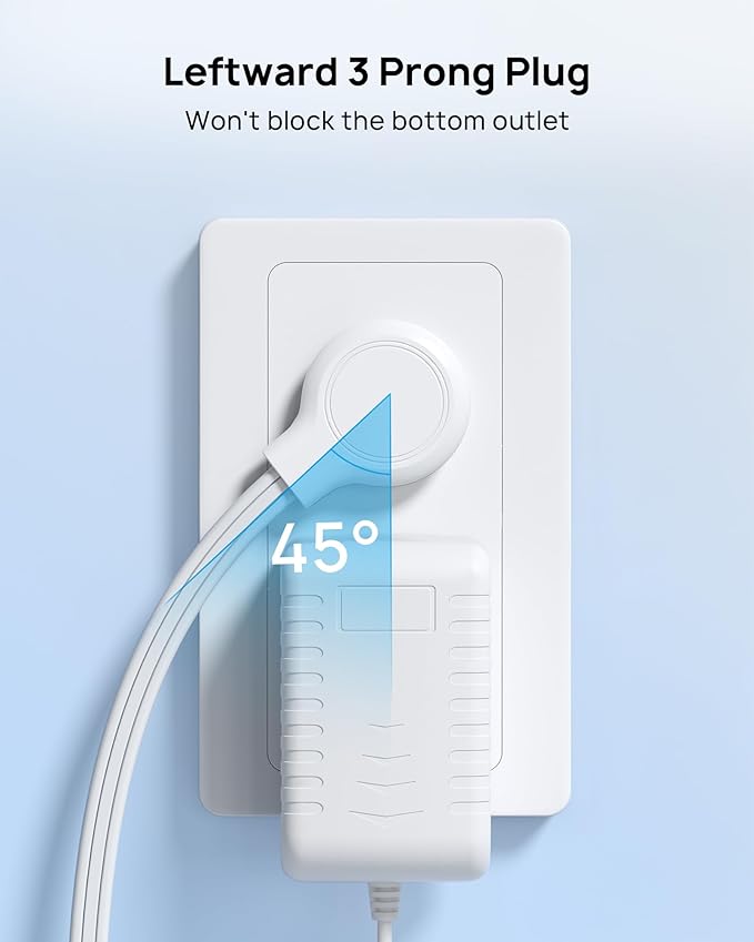 TROND Short Flat Extension Cord 1.5ft - Left Angled Flat Plug Power Strip, ETL Listed, 3 Plug Extension Outlets, Three Prong, SPT 16/3 Gauge, 13A, Small for Indoor Home Office Cruise Travel, White