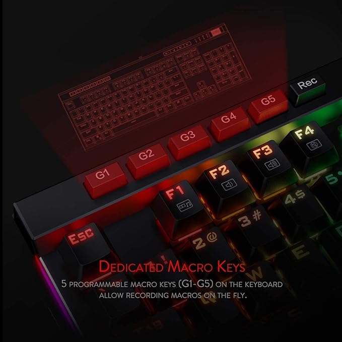 Redragon K580 Wired RGB Mechanical Gaming Keyboard, Macro Key & Media Wheel | 5 On-Board Keybinding Buttons for MMO MOBA Games, Dedicated Media Controls, Tactile Brown Switch for Long-Time Typing Feel