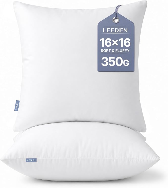 Leeden 16x16 Pillow Inserts Pack of 2, 16 Inch Decorative Throw Pillow Inserts, Soft Fluffy Square Throw Pillows for Couch, Sofa, Bed, and Home Decor White Cushion