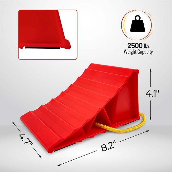 HOXWELL 2 Pair Wheel Chocks for Travel Trailers, Non Slip Heavy Duty Red Wheel Chock with Rope, Lightweight Wheel Stoppers for Cars Campers Trucks RVs, Easy to Carry & Suitable for Most Tyre Sizes