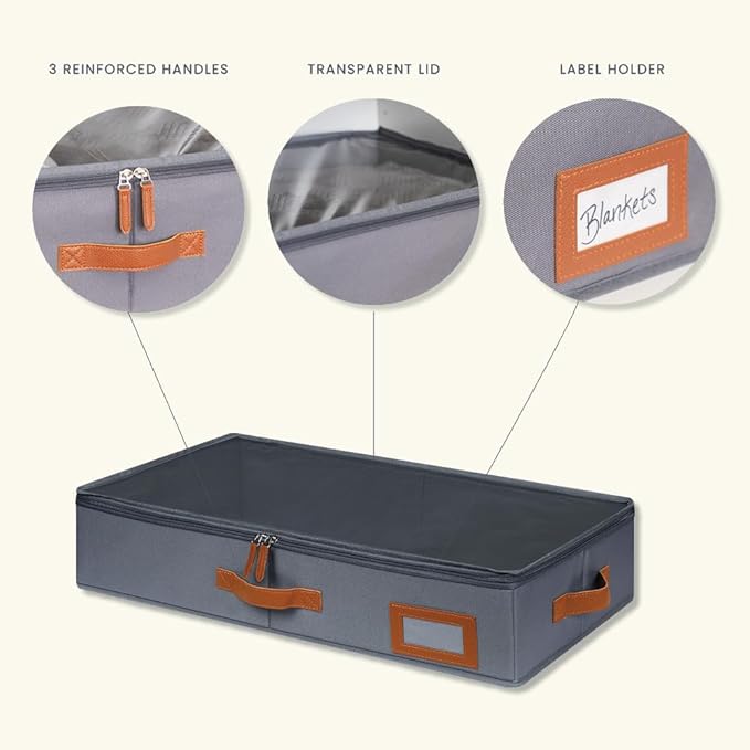 OrganiHaus Under Bed Storage Containers, Bedroom Storage and Organization Bins, Clothes Organizer for Closet with Clear Cover and Reinforced Handles - Set of 2 33x17x6 inches Gray