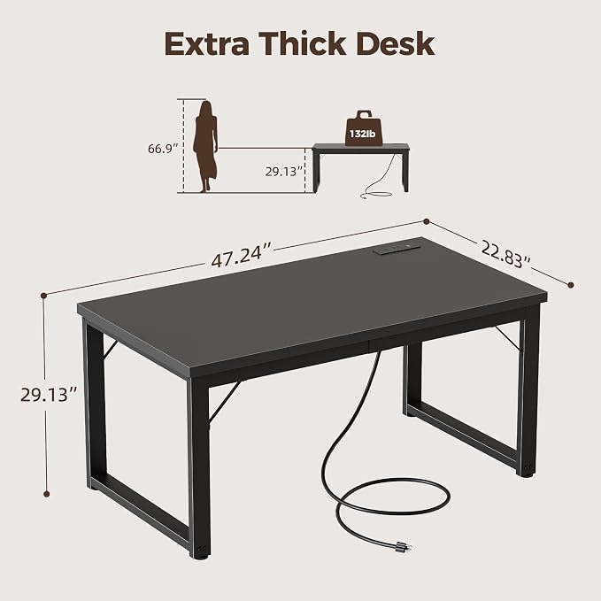 Mericonia 48 Inch Computer Desk with Power Outlets, 1.2" Thick Office Table | Modern Simple Style, Heavy Duty Industrial Frame, Small Study & Writing Table for Home Bedroom Work, Black