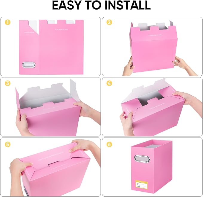 BALEINE File Organizer Box, Cardboard File Folder Organizer with Handle for Letter Size, Portable Collapsible Hanging Filing Box for Home Office Document Storage (4 Pack, Pink)