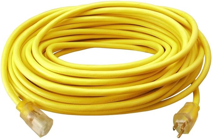 Southwire Outdoor Extension Cord – Durable Vinyl Jacket for For Farm, Ranch & Workshop - Lighted End With Reinforced Blades - SJTW, Yellow - 12 Gauge, 3 Prong - 100 Feet