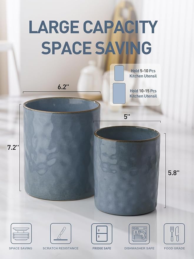 famiware Ocean Utensil Holder, 7.2"+5.8" Ceramic Kitchen Utensil Holder for Countertop, 2 Pieces Cooking Utensil Crocks, Utensil Organizer for Spatula & Spoon, Kitchen Decor, Set of 2, Blue