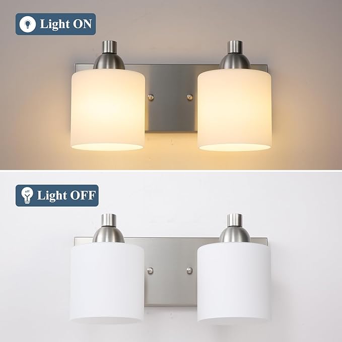 Stainless Steel Milk Glass Vanity Lights for Bathroom, 2 Light Brushed Nickel Bathroom Light Fixtures Over Mirror, Ceramic E26 Sockets Wall Mounted