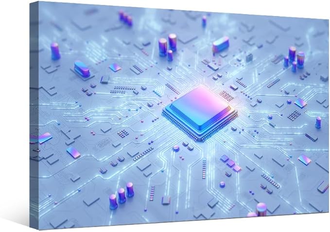 Circuit Board Wall Art for Living Room Electronic Board Canvas Wall Art Central Computer Processors CPU House Decor Computer Chip Office Wall Decor Framed CPU Concept for Home Bedroom 16X24 INCH