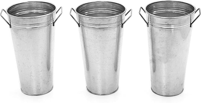 Hosley Set of 3 Galvanized French Bucket Vase with Handles 5" Dia x 9" H Ideal for Farmhouse Dried Floral Arrangements at Home for Weddings Gifts Spa and Aromatherapy Settings O5