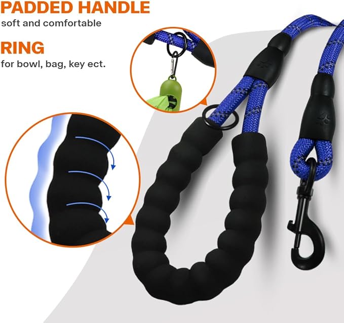 Taglory Rope Dog Leash 6 FT with Comfortable Padded Handle, Highly Reflective Threads Leash and Anti-Tangle Clip for Walking Small Dogs, 3/8 inch, Navyblue