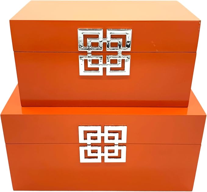 Galt International Storage Boxes - Large & Small Decorative Storage Box w/Hinged Lid - Classic Design Wood Decor Boxes with Geometric Opening Clasp - Home & Office Storage - Set of 2 (Orange)