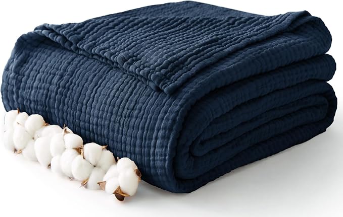 100% Cotton Muslin Blanket Large 50" x 70", 6 Layers Breathable and Lightweight Navy Throw Blanket for Bed and Couch, Soft Quilt Bedspread, Gauze Blanket for Adults All Season, Navy, Dark Blue