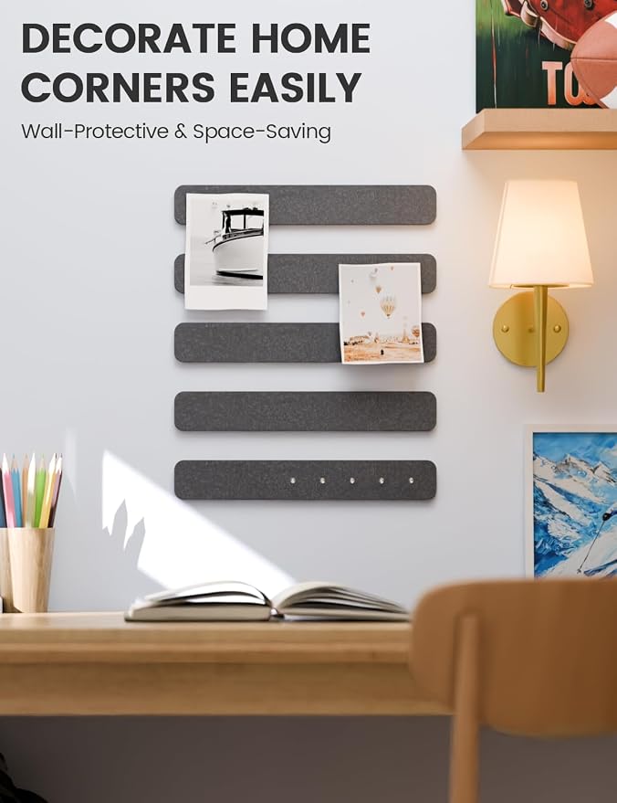Fluxynara 13" x 2" Felt Wall Panels, Charcoal Gray | 5-Pack Cork Board Alternative with 35 Push Pins, Adhesive Mounting for Bedroom Door or Home Office