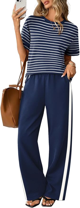 Sampeel 2 Piece Sets for Women Matching Sets Summer Outfits Resort Wear Short Sleeve Lounge Set Wide Leg Pants with Pockets