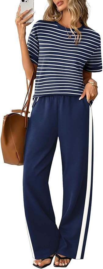 Sampeel 2 Piece Sets for Women Matching Sets Summer Outfits Resort Wear Short Sleeve Lounge Set Wide Leg Pants with Pockets