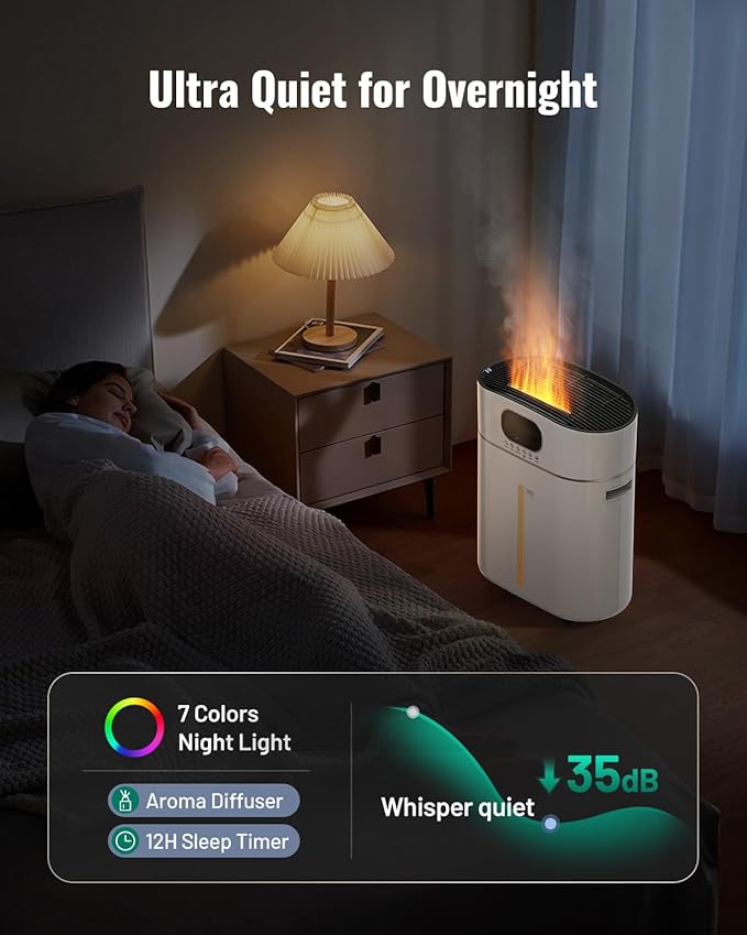 Humidifier Large Room Warm and Cool Mist, 3.2Gal/12L Humidifiers for Home 800 sq ft, Air Humidifiers for Bedroom with Diffuser & Flame Light, Whole House Humidifiers for Nursery Baby Plants, White