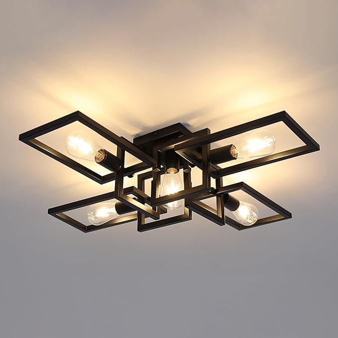 ZGLAOJT Black Industrial Semi Flush Mount Ceiling Light 5-Light Kitchen Light Fixtures Modern Large Matte Sputnik Chandelier for Dining Room Bedroom Farmhouse Living Room