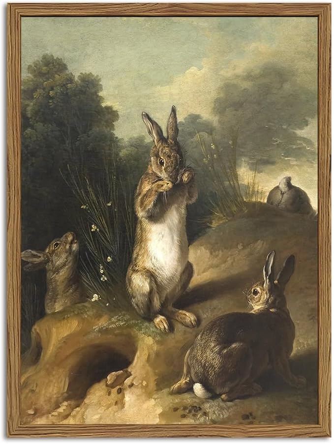 Vintage Easter Rabbit Wall Art, Rustic Bunny Wall Decor Painting Cottagecore Animal Poster Canvas Prints Picture for Living Room Farmhouse Bedroom 16x24 inch Wood Framed