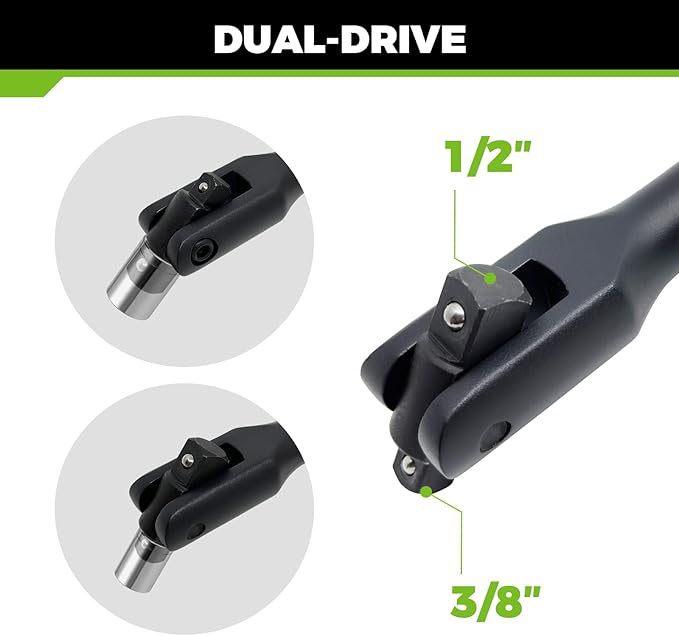 Dual Drive Breaker Bar, 3/8" & 1/2" Drive, Heavy Duty Breaker Bars, 24-inch Length with 360° Rotatable Head, Spring-loaded Detent Ball, Chrome Vanadium Steel Made With Black Powder Coating