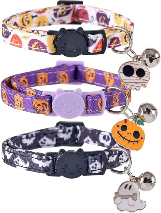 3 Pack Halloween Cat Collar with Bell Pendant Breakaway Adjustable Accessory Holiday for Kitten Kitty
