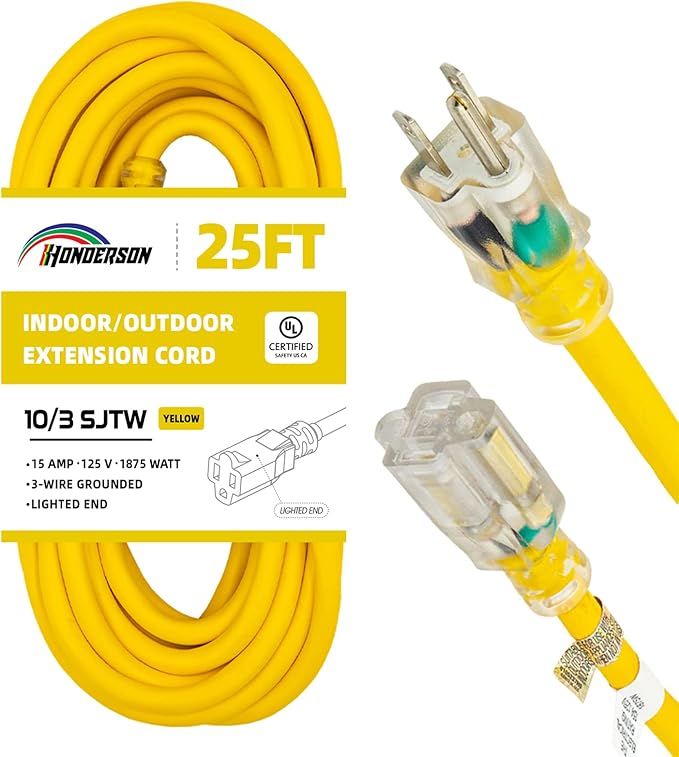 Indoor Outdoor Extension Cord Weatherproof with Lighted End, UL Listed, 10 Gauge 25FT Yellow 3 Prong Heavy Duty, 10/3 SJTW 15A Power Cord for Outdoor Lights, Lawn