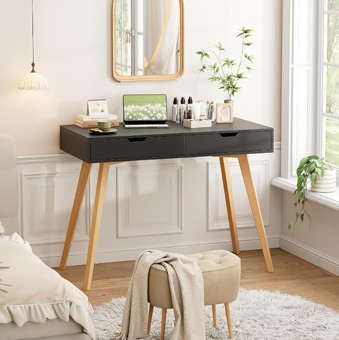 FOTOSOK White Computer Writing Desk with 2 Drawers, Small Desk Makeup Vanity Table Wood Desk with 4 Oak Legs, Modern Home Office Desk Console Study Table, Black