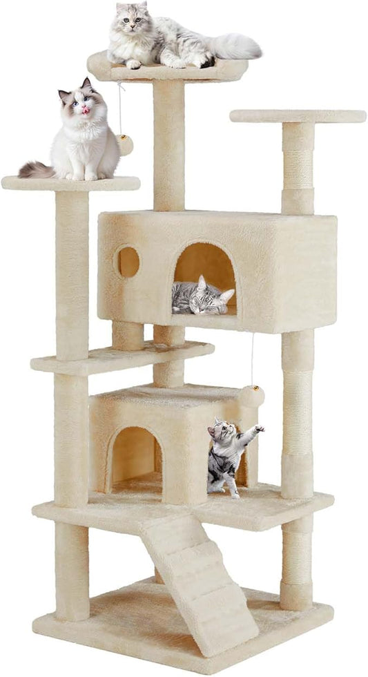 Cat Tree Tower, 54-Inch Cat Tree for Indoor Cats, Multi-Level Furniture Activity Center Cat Tower with Scratching Post, Beige
