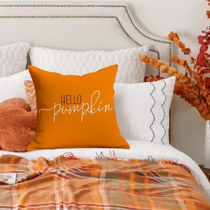 RABUSOFA Fall Pillow Covers 16x16 Inch,Autumn Hello Pumpkin Pillows Decorative Throw Pillows,Outdoor Thanksgiving Cushion Cover Farmhosue Fall Decor for Bedroom Couch Sofa
