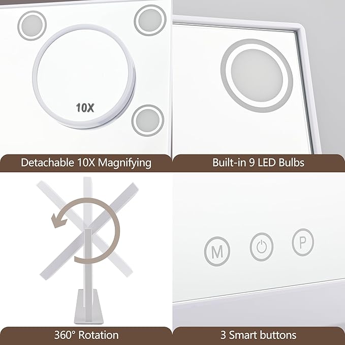 Lighted Makeup Mirror, 14"x 12" Hollywood Vanity Mirror with 9 LED Bulbs, 3 Color Lights, and Detachable 10X Magnification Mirror, 1200mAh Rechargeable, Touch Control, 360°Rotation (White)