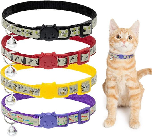 Cat Collars Breakaway with Bell - Glow in The Dark Collar 4 Pack - Fish & Cat Pattern 4 Colors for Kitty and Puppies, Adjustable from 7-11 Inch